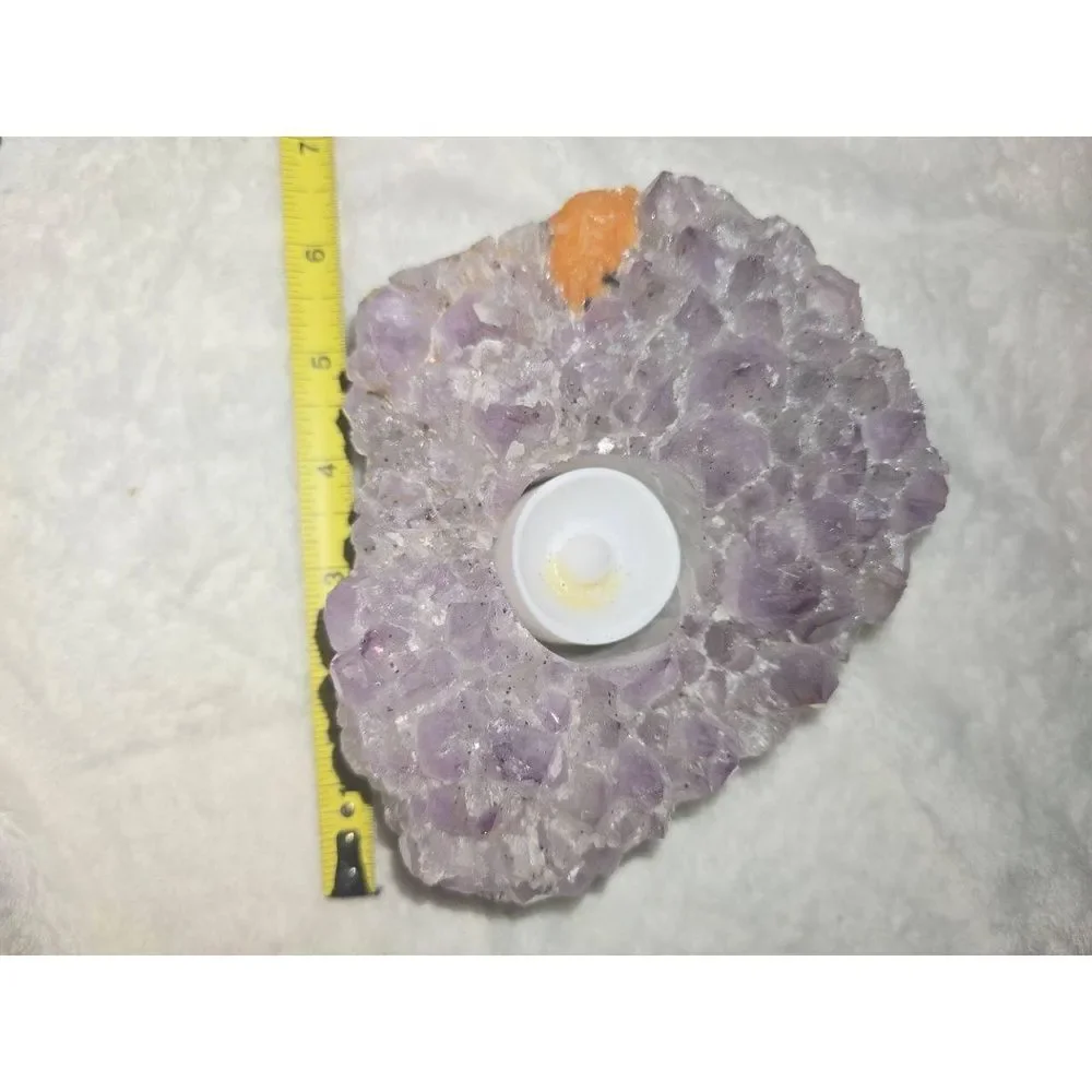 Natural Amethyst Crystal Geode Tea Light Holder LED Flameless Candle Home Decor